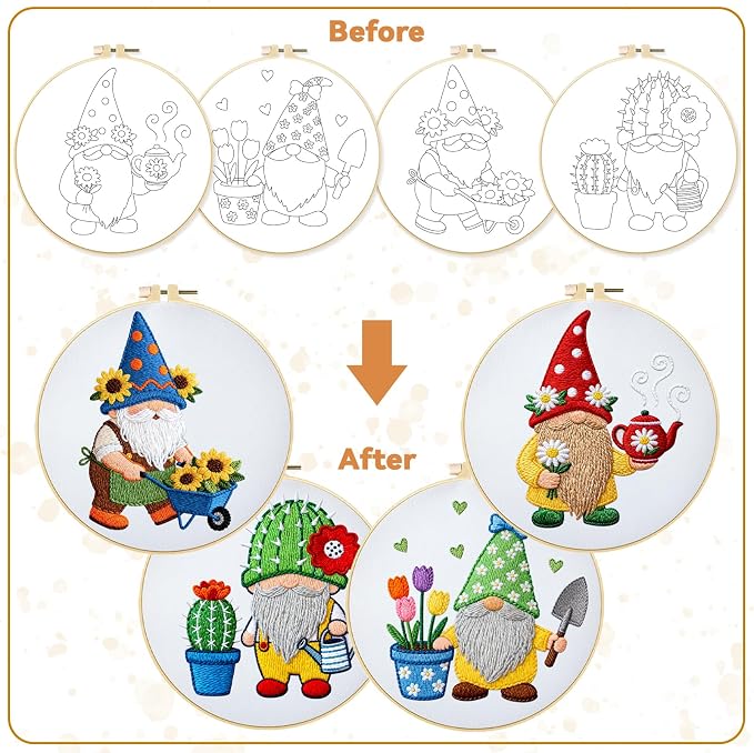 BEUNITONE 4 Set Gardener Gnome Embroidery Kit for Adult Beginners with Hoop | Needlepoint Craft Kits Complete DIY Handmade Cross Stitch Set with Pre-Printed Designs for Home Decor and Gifts 20x20cm