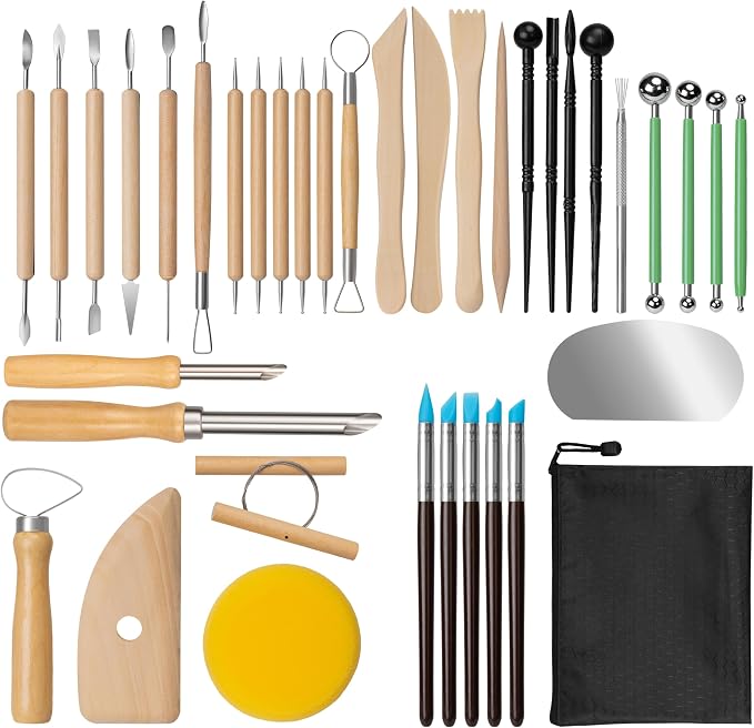 Amrules 38 Pcs Polymer Clay Sculpting Tools Kit for Adults, Light Yellow | Multi-Functional for Carving, Dotting & Molding, Ideal for Art Class & Pottery Studio, Comes with Zipper Storage Bag