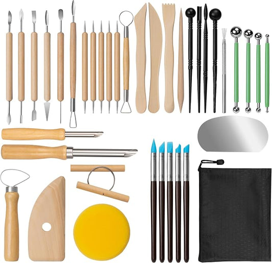 Amrules 38 Pcs Polymer Clay Sculpting Tools Kit for Adults, Light Yellow | Multi-Functional for Carving, Dotting & Molding, Ideal for Art Class & Pottery Studio, Comes with Zipper Storage Bag