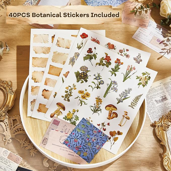 440PCS Vintage Scrapbook Supplies Kit – 360 Sheets Decorative Papers & 80Pcs Aesthetic Botanical Stickers, Retro Ephemera Pack for Journaling, Planners, DIY Collage