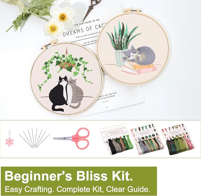 Santune 3 Pack Embroidery Kit for Beginners with Pattern, Cross Stitch Kits for Adults with Instructions,Needlepoint Kits for Adults Include 1 Embroidery Hoops,Color Threads and Needles(Cat)