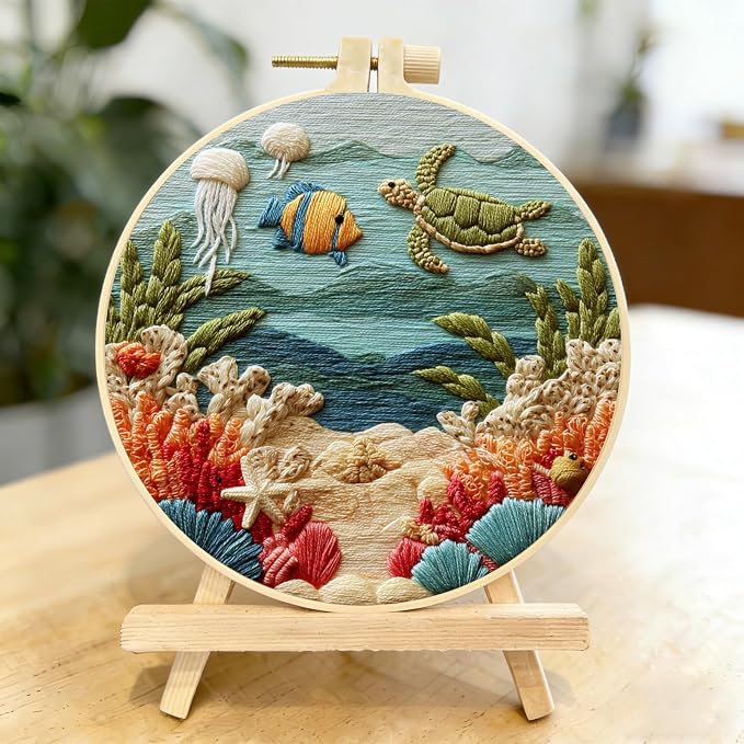 LYMIGER 3 Packs Embroidery Kit for Adults, Embroidery for Beginners (Sea)