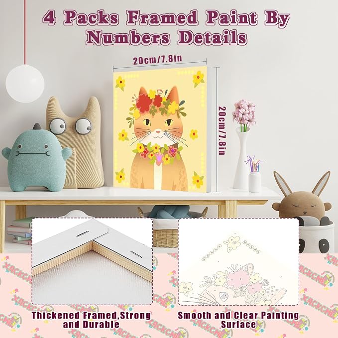 4 Pack Cat Paint by Number for Kids with Wooden Frame - Wooden Easel | Paint by Numbers for Kids Cats Ages 4-8-12, Easy Cat DIY Acrylic Oil Painting Kits for Home Wall Decor (8X8 inch)