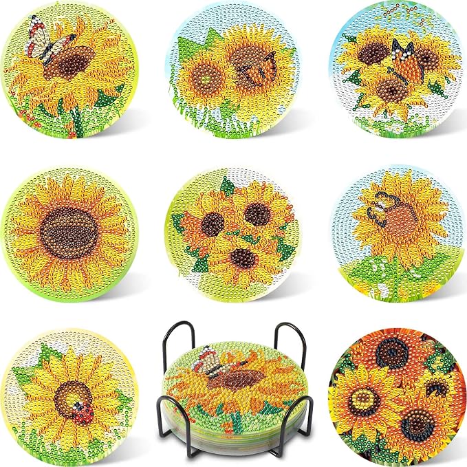 UPINS 8Pcs Sunflower Diamond Art Painting Coasters for Drinks | DIY Coaster Diamond Art Kits, for Adults Diamond Art Craft Supplies