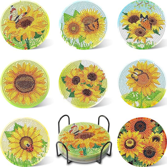 UPINS 8Pcs Sunflower Diamond Art Painting Coasters for Drinks | DIY Coaster Diamond Art Kits, for Adults Diamond Art Craft Supplies