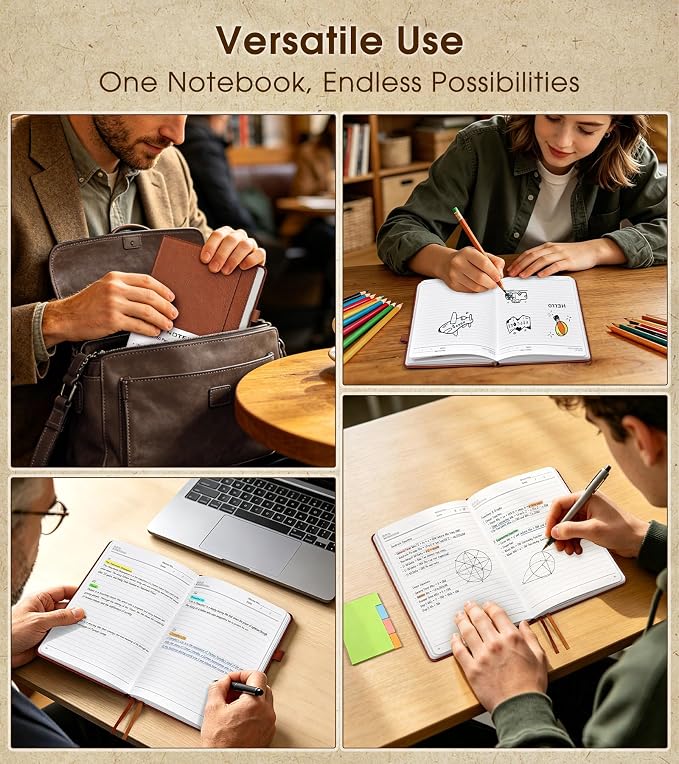 Lined Journal Notebook, A5 Hardcover Leather Journals for Writing, 160 Numbered Pages, 5.7'' x 8.3'' Journaling Notebooks for Men Women, Thick Paper College Ruled Journal for Work Office School, Brown