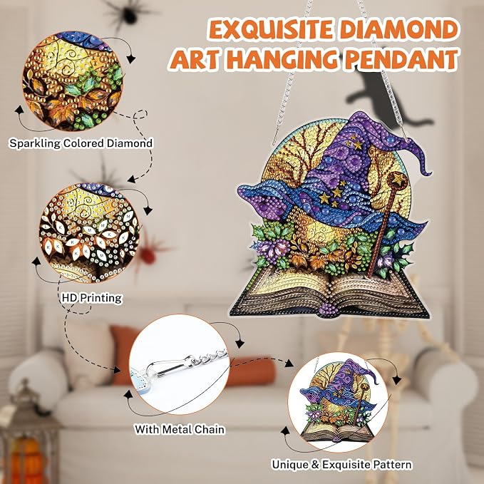 Bowetile Magic Witch Hat Diamond Art Hanging Kits for Adults, Halloween Diamond Art Suncatchers Spell Book, 5D Special Shape Diamond Painting Pendant Window Ornament Gift for Home Wall Decor