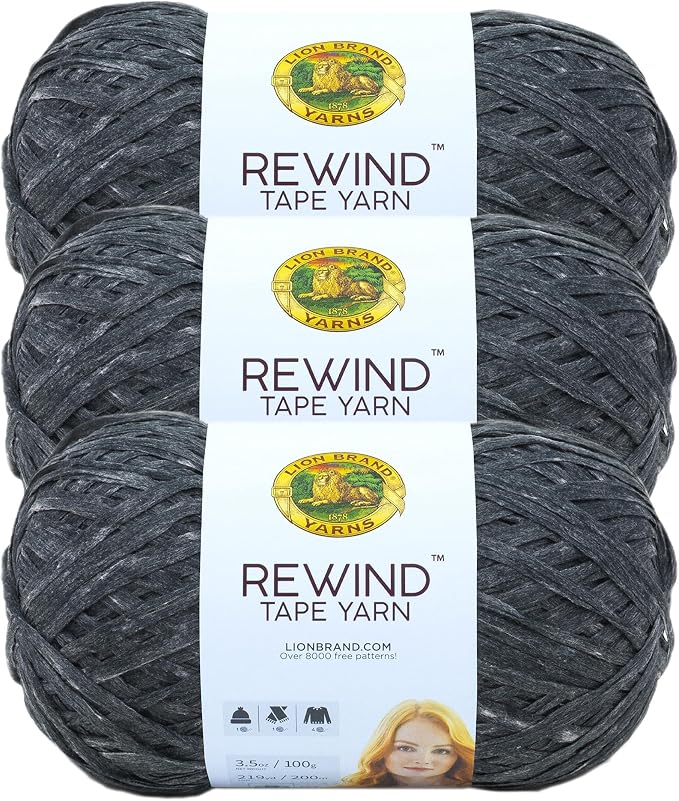 Lion Brand Yarn, Rewind Tape Crochet Yarn, Moto Jacket, Gray, 3 Pack