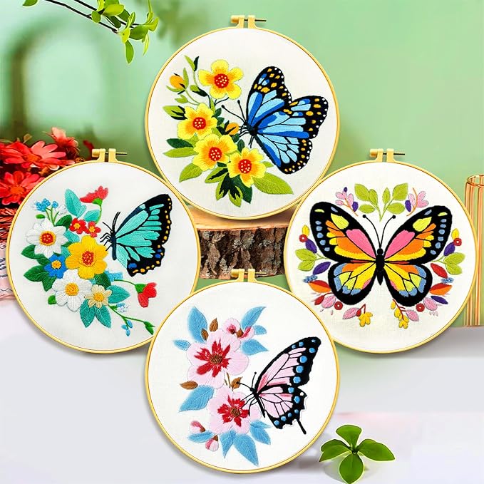 Zhenqing Butterfly Embroidery Kit 11.4x11.4 Inch - Complete Embroidery Set with Fabric, Threads, Needles & Hoop - Beginner-Friendly DIY Craft Kit for Adults (C0041)