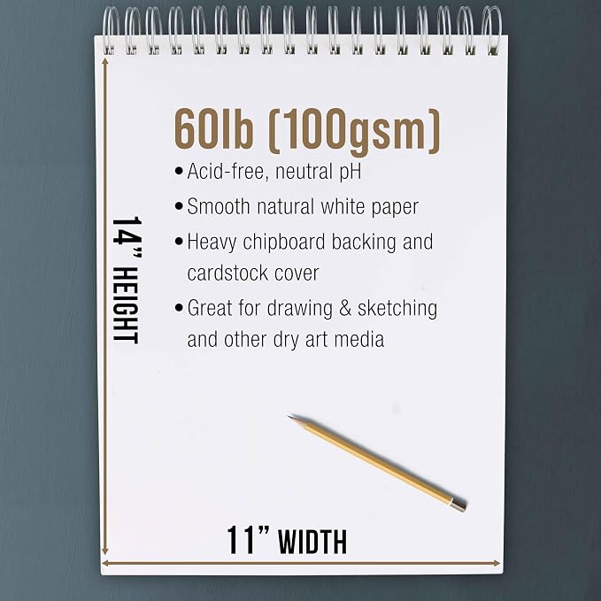 U.S. Art Supply 11"x14" Top Spiral Bound Sketch Book,100 Sheets Each 2-Pack | 60lb (100gsm), Acid-Free, Artist Sketchbook, Drawing Pad for Adults & Students