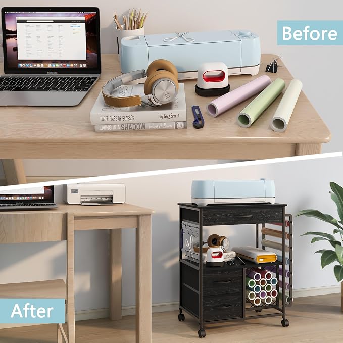 VENNQD Storage Cart Compatible with Cricut Machines Stand Cutting Machine Stand with Drawers and Vinyl Roll Holder Rolling Craft Cabinet Table for Cricut Craft Workstation for cart Craft Room (Black)
