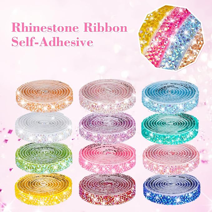 NiArt 12 Rolls Self Adhesive Rhinestone Ribbon 12 Yards DIY Candy Colors