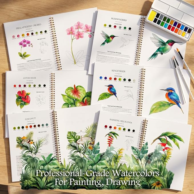 Watercolor Workbook for Beginners,18 Rich Tropics Exotic Rainforest Water Coloring Book,Relaxing & Easy to Paint Water Coloring Book with 24 Colors-Perfect for Gifting to Creativity & Joy for Adults