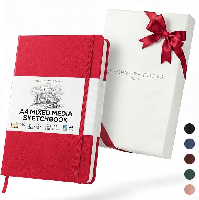 Beechmore Books A4 8.5x11 Mixed Media Sketchbook 160 GSM/98LB with Gift Box | Hardcover Art Journal with Lay-Flat Binding, 156 Perforated Ivory Pages for Drawing, Ink & Light Watercolor