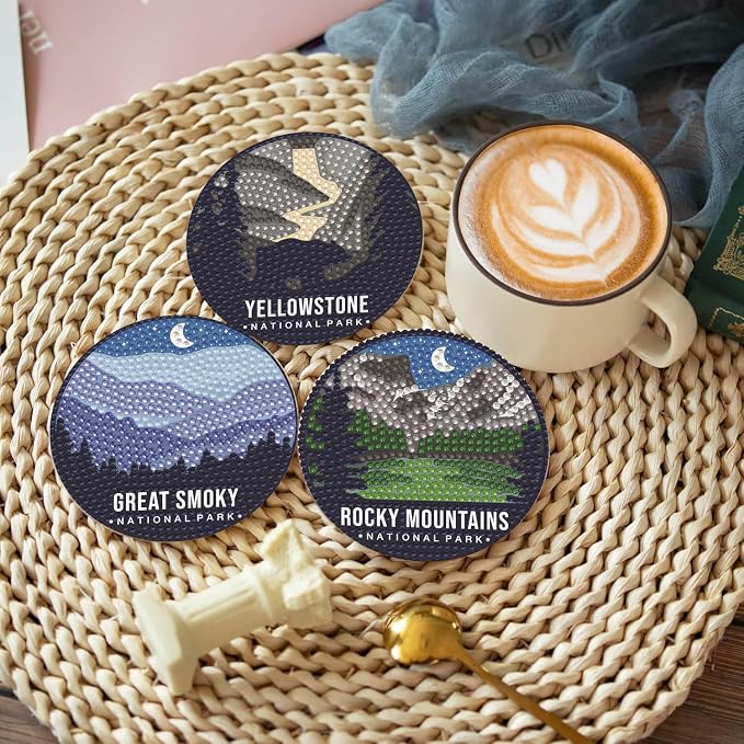 Baipisan 8 PCS National Park Diamond Art Coasters Kits, Diamond Painting Coasters with Holder Set of 8, DIY Drink Art Crafts Supplies for Adults Cup Mat House Warming Gifts Non-Slip 3.9inch