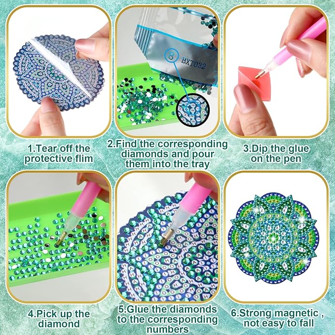 Zonon 12 Pcs Mandala Diamond Art Fridge Magnets, Teal Green | Refrigerator Magnets for Whiteboard Locker Office, Boho Turquoise Diamond Painting Patterns, Round Hexagon Designs
