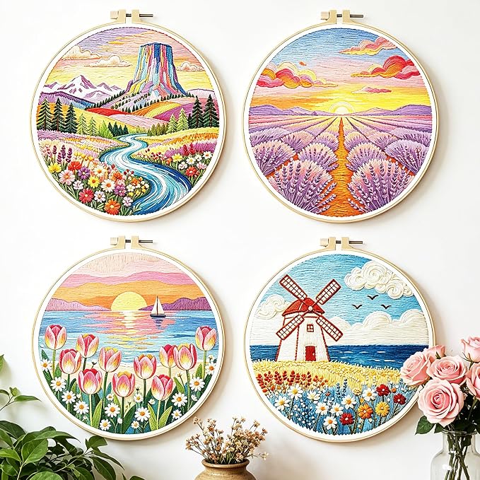 BEUNITONE 4 Set Embroidery Kits for Beginners, Pink Scenery Design with Pre-Stamped Pattern Craft Kits Include Instruction and Hoops, 7.9"x7.9" Needlepoint Kits for Festival Gifts and Home Decor