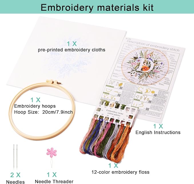 Harimau Letter D Pattern Embroidery Kit for Adult Beginners, Complete Starter Pack with 1 Hoop, Needles, Instruction Guide & Embroidery Stitch Video Tutorials