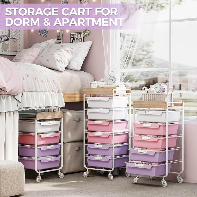 SYKIARIOL Utility Cart with 6 Labeling Drawers and Wooden Tabletop | Rolling Storage Cart for Crafters, Artists, Kids, Teachers, and Students – Organize Arts, Crafts, Sewing & Study Supplies