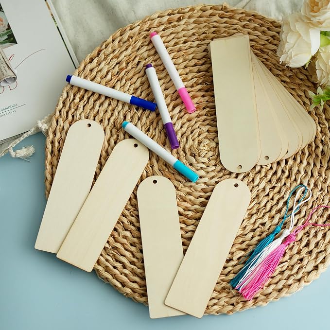 SWATOM Wood Bookmarks Blank DIY Semicircle Wooden Bookmark Craft Bulk 30 PCS Unfinished Wood Tags Ornaments with Holes and Tassels for Wedding Party Birthday Decoration