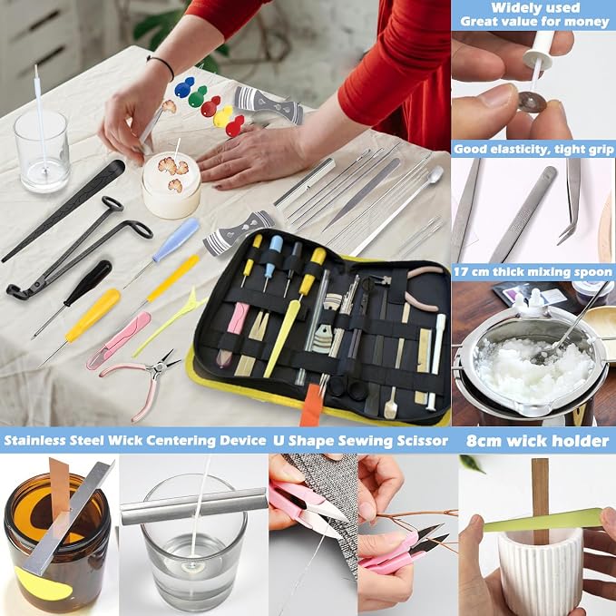 DIY Candle Making Supplies with Organizer Bag Mold Hook&Eye Punch Needle,Big Hole Long Needle Awl for Candle Making,Wick Trimmer& Dipper,Candle Tool Inserting Wick for Beginner