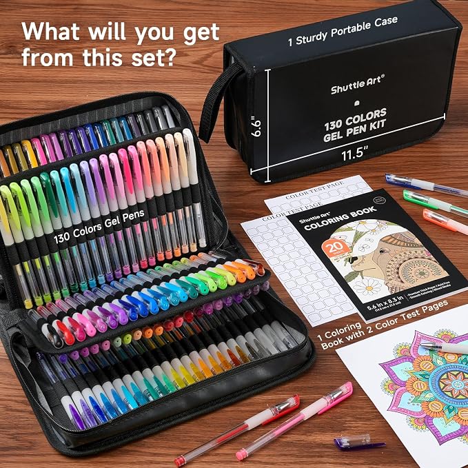 Shuttle Art Gel Pens, 130 Colors Gel Pen with 1 Coloring Book in Travel Case for Adults Coloring Books Drawing Crafts Scrapbooking Journaling