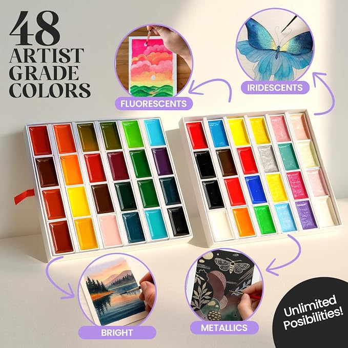 Chalkola 48 Semi Moist Water Colors Paint Adult Set - Professional XL Pans | Watercolor Paint Set with Painting Brushes, Water Color Pad & Art Supplies - Suitable for Adults, Kids, Beginner & Artists