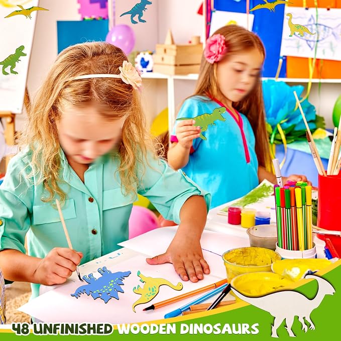 48 Pack Unfinished Wooden Dinosaur Animal Cutouts,Pterosauria,Tyrannosaurus Rex,Triceratops,Stegosaurus,Ankylosaurus Shapes Model for Home Decor Ornament,DIY Craft Art Project(6 PCS/Shape)
