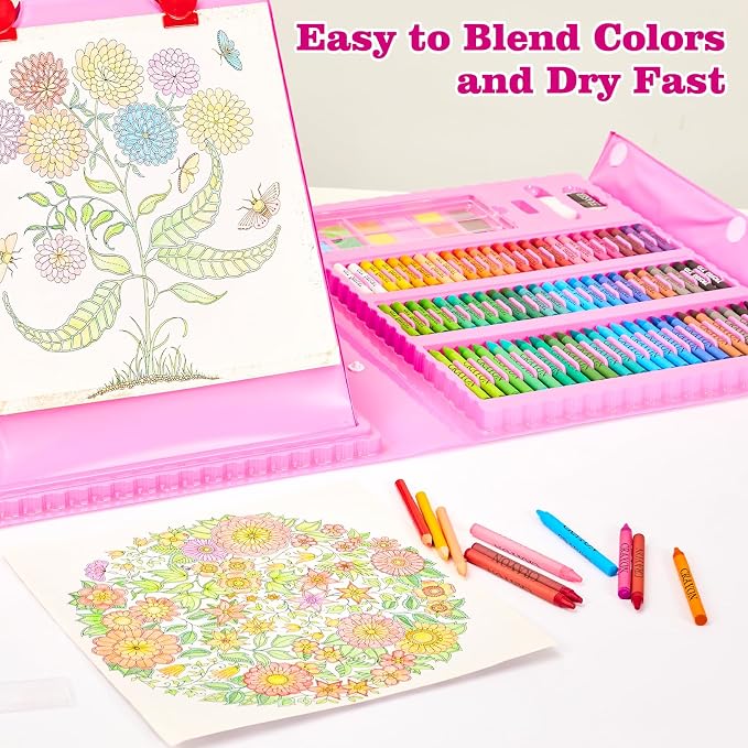 KINSPORY Art Set for Kids, 290 Pack Double-Side Easel Drawing Kits (Pink)