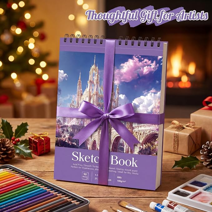Prudiut Sketch Book 3 Pack, 8.5 × 11 in, Spiral Bound, Violet | 50 Sheets Each, 68 Lb Acid-Free Paper, Perforated Pages, Backboard Support, for Pencil, Charcoal, Pastel