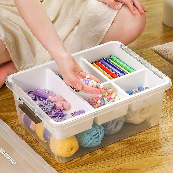 17QT Clear Plastic Craft Storage Box with Removable Tray & Lid - 2 packs | white container, art supply organizer for playdoh, sewing, beads & craft tools, space-saving stackable bins