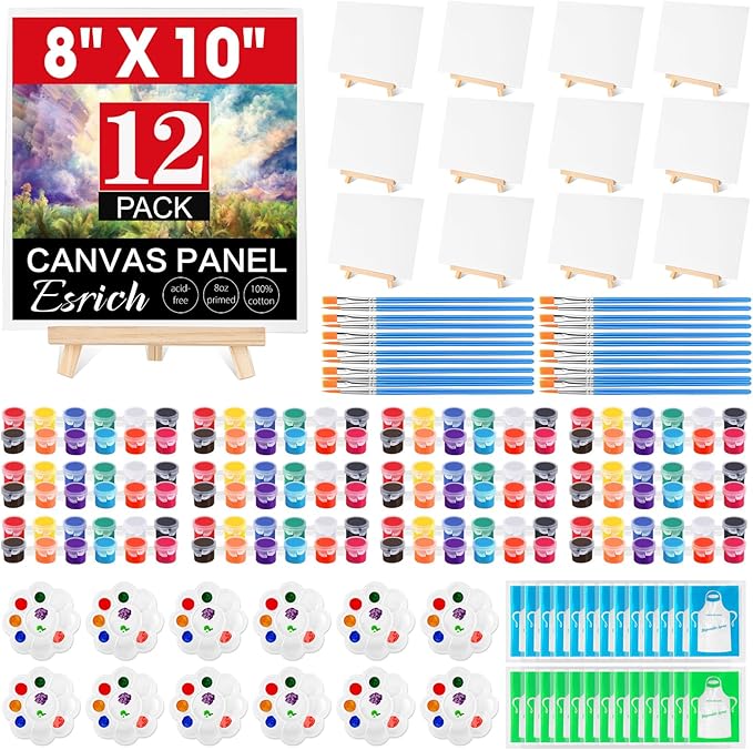 ESRICH 12 Pack 8x10 Canvas and Easel Set, Mini Acrylic Paint, Paint Brushes, Palettes, Aprons, Painting Kits for Adults Couples Friends Date Night Sip and Paint Party Supplies