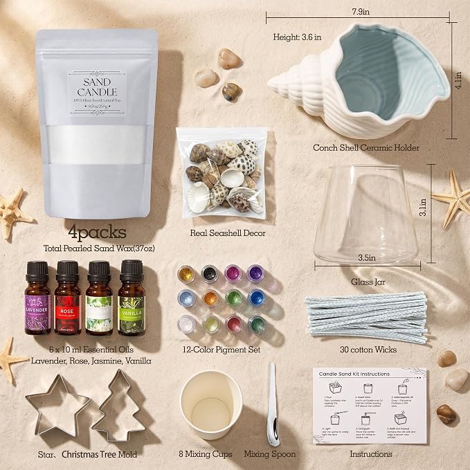 CXOZO Pearled Candle Sand Wax Making Kit, 37oz, Beach Themed DIY Gift Set | Ceramic Conch Shell Holder, 12 Colors, 4 Essential Oils, Star & Tree Molds, Real Seashells, 30 Wicks, No Melt, Gift for Women