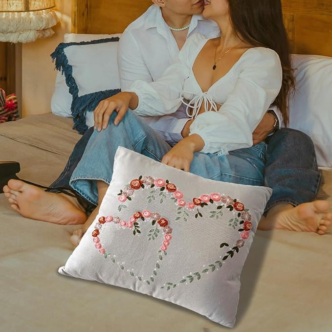 FONNUY Crewel Pillow Case Embroidery Kit, Heart Shaped Loving You Floral Stamped Pattern Kits for Audlt Beginners, Works Crafts Throw Pillow Cover Great Gift for Loved Ones, 18 x 18'' (Light Grey)