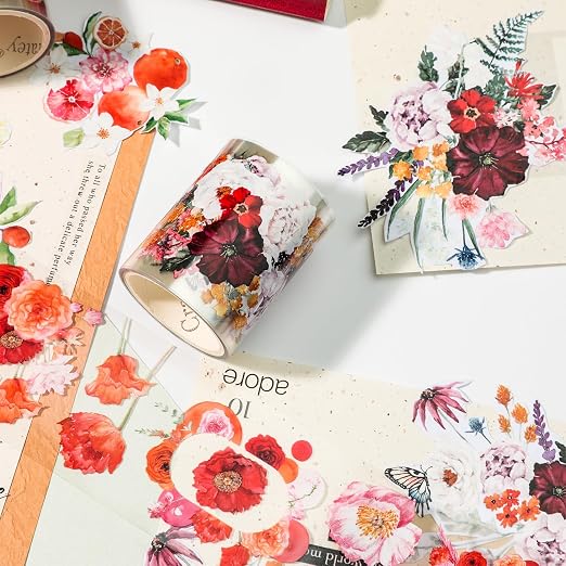 12-Roll Floral PET Washi Tape Set & PET Stickers – Easy to Use for Journaling & Card Making, Ideal for Scrapbooking & Junk Journaling