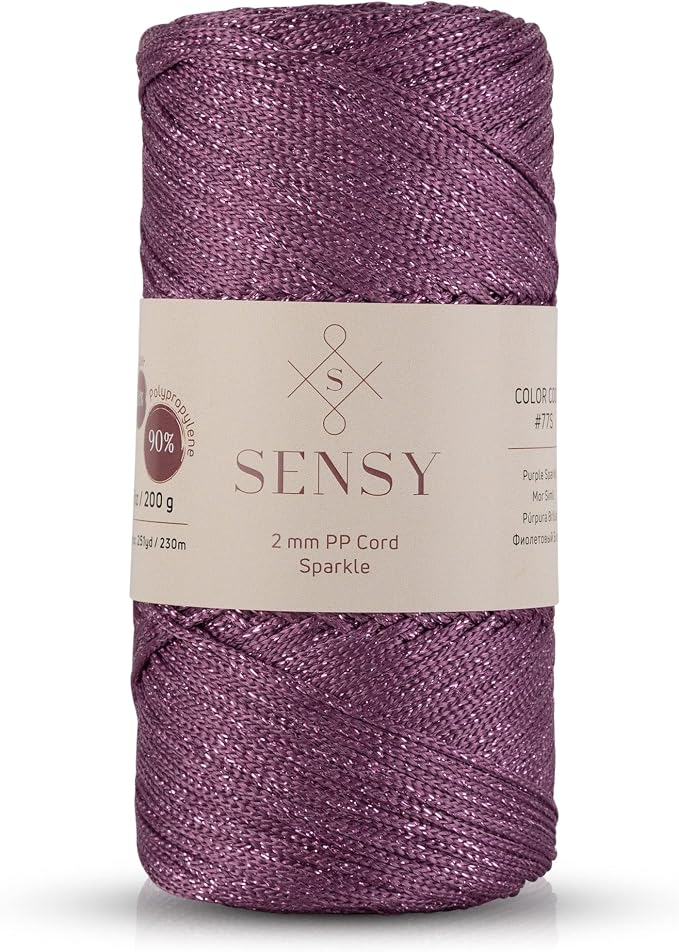 S Sensy 2mm Premium Polypropylene Macrame #3 Cord, Purple Sparkle 252 Yards