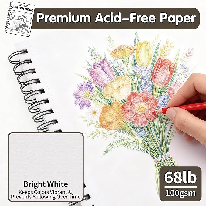 FIXSMITH 9"X12" Sketch Book, 100 Sheets, 68 lb/100gsm,4 Pack Brown | Acid Free Drawing Paper | Spiral Bound Artist Sketch Pad | for Kids, Beginners, Artists & Professionals | Bright White
