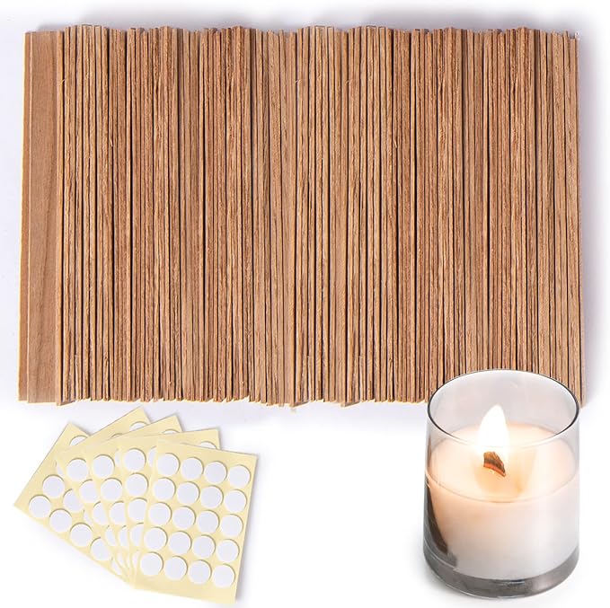 Ziosxin 100 Pieces Thicken Smokeless Cherry Wood Candle Wicks-Long Lasting Flame-Easily Burn,Candle Wick H*W*D(5.1"*0.5"*0.07"/13 * 1.3 * 0.18cm),Natural Candle Cores with Glue Dot(Without Base)