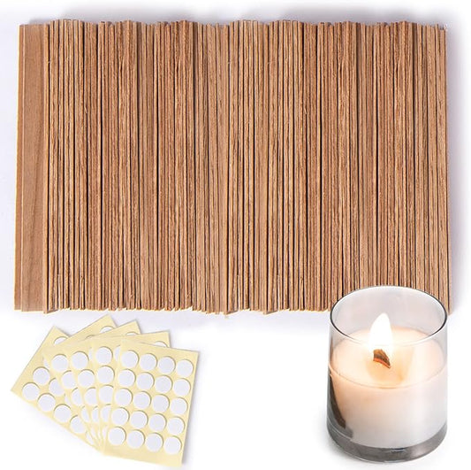 Ziosxin 100 Pieces Thicken Smokeless Cherry Wood Candle Wicks-Long Lasting Flame-Easily Burn,Candle Wick H*W*D(5.1"*0.5"*0.07"/13 * 1.3 * 0.18cm),Natural Candle Cores with Glue Dot(Without Base)