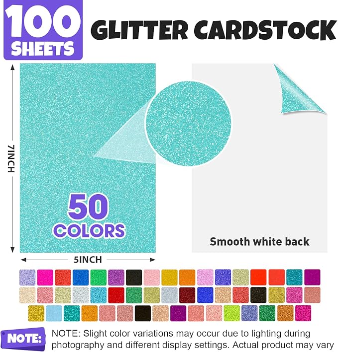 TUXIYA 100 Sheets 5" X 7" Glitter Cardstock,50 Colors 250GSM Card stock