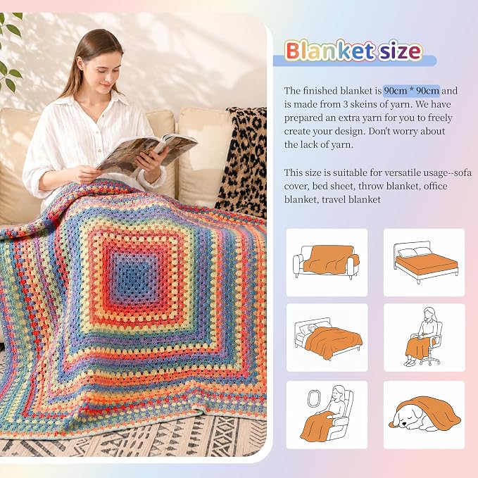 Coopay Crochet Blanket Kit for Beginners Adults w/Step-by-Step Instructions | Complete Crochet Kits with 600g Soft Crochet Yarn & Ergonomic Crochet Hooks, Granny Square Blanket Kit for Beginners Gift
