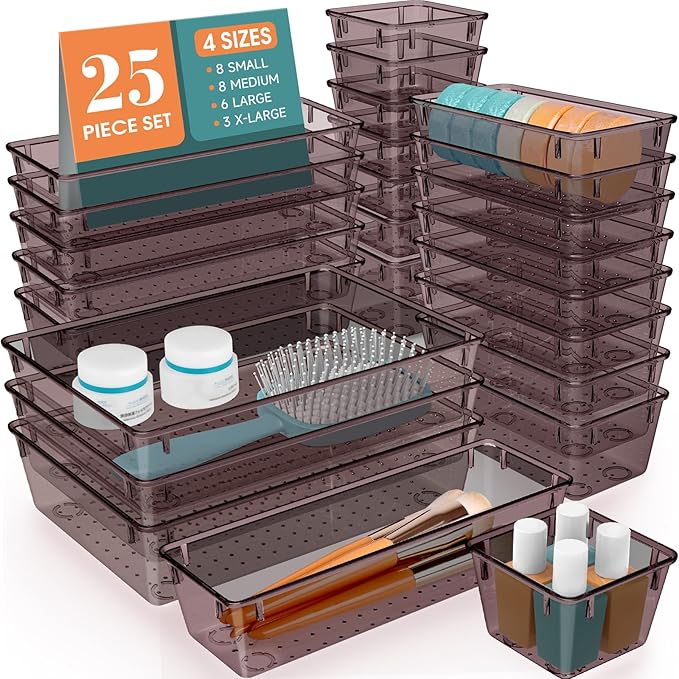 25 PCS Plastic Drawer Organizer Set, Makeup Organizers and Storage Bins | 4 Sizes Desk Drawer Divider Organizers and Storage Bins for Jewelry, Gadgets for Kitchen, Bedroom, Bathroom, Brown