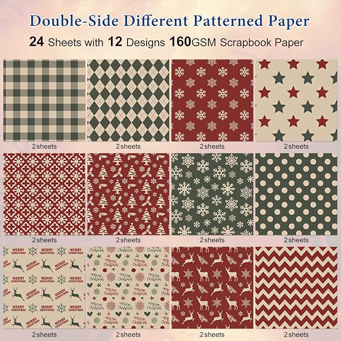 24 Pack Christmas Pattern Paper 12x12 Merry Christmas Scrapbook Double-Sided Plaid Craft Paper Folded Flat for DIY Card Making Scrapbooking Photo Album