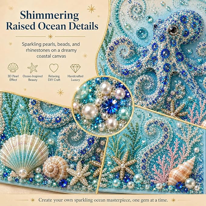 Ocean Theme Pearl Art DIY Kit, Octopus Wave 3D Pearl Craft Kit, Sea Turtle | Sparkling Coastal Pearls Mosaic Art with Pearls & Rhinestones, Ocean Diamond Art for Adults, DIY Home Wall Decor Gift
