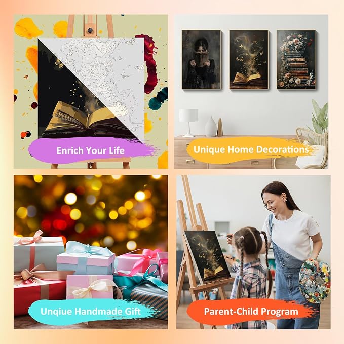 Mandun Book Paint by Numbers Kit for Adults, 3 Pack, 7.8x11.8 inch | DIY Painting Kits Crafts for Adults, Relieve Stress, Frame Canvas, Wooden Easel, Gift Box, Home Wall Decor