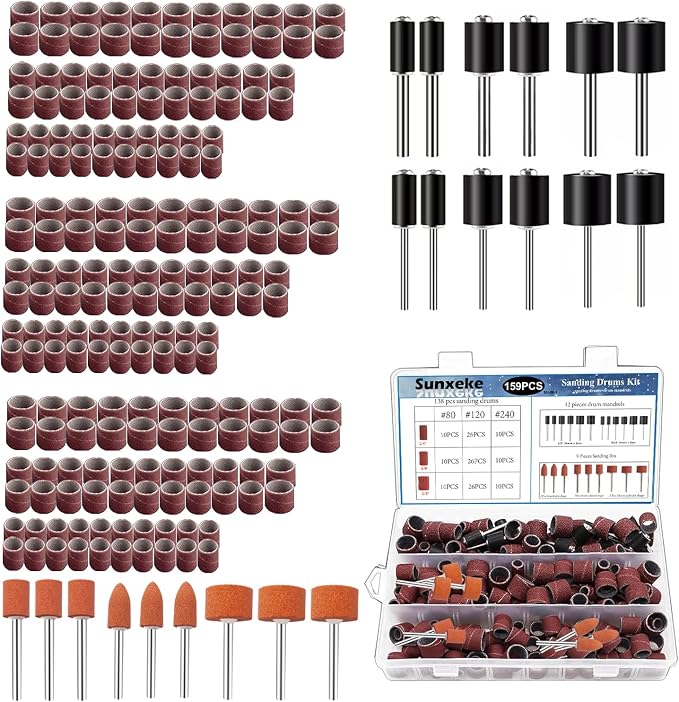 Sanding Drum Set for Most Rotary Tools-Includes 138 Aluminum Oxide Drum Sander Sanding Sleeves (80,120,240 Grit),12 Drum Mandrels and 9 Sanding Bits,Sanding Bits Tool Accessories with Box