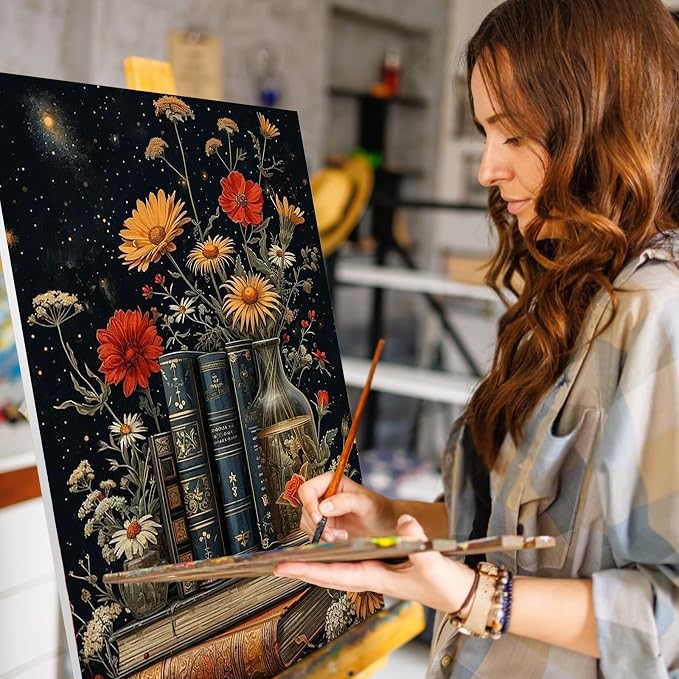 Paint by Numbers Kit for Adults, Vintage Books and Wildflower, 16 x 20 Inch | DIY Adult Paint by Number Kit on Canvas for Beginners, without Frame, Botanical Wall Decor, Stress Relief Craft Gift