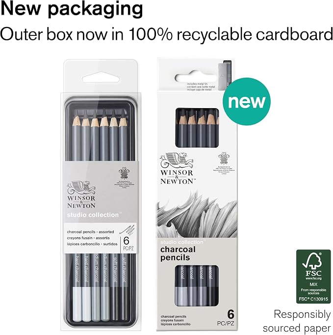 Winsor & Newton Studio Collection, 6 Count, Charcoal Pencils | Mixed Grade Charcoal Pencils, Wooden Barrels, On-The-Go Tin, High Quality Core Binder, Break-Resistant Cores & Points
