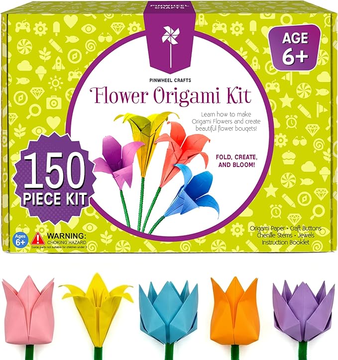Pinwheel Crafts Flower Origami Kit for Kids Ages 8-12 | 150 Pcs Origami Paper Kit w/Multicolor Folding Papers, Chenille Stems,Buttons and Jewels, Arts and Crafts Paper Book for Kids Ages 6+ | 100 multicolor folding sheets, 20 chenille stems, 30 buttons...