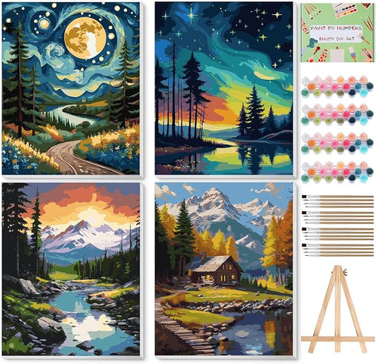 Qoosea Paint by Numbers Kit for Adults with Framed Canvas 4 Pack | Landscape Paint by Number Arts Kits for Beginner with Wooden Easel, Acrylic Set, Brushes for Home Decor, 9*12 Inch